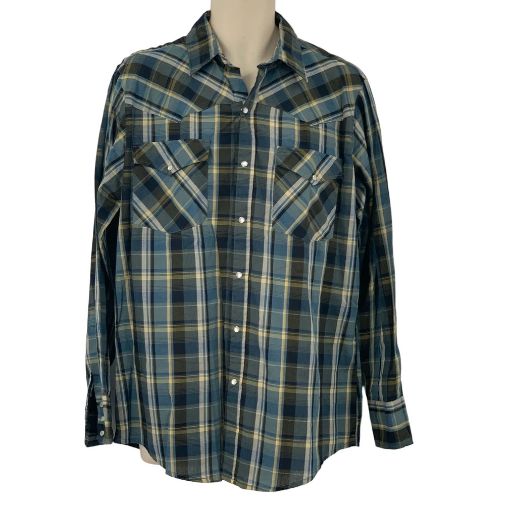 Bit & Bridle Long Sleeve Western Pearl Snap Shirt Black Blue Yellow Plaid L
